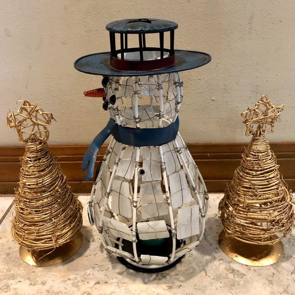 Holiday Decor Bundle Snowman Wire Tiled Gold Metallic Metal Trees Candle Holder - Picture 7 of 13
